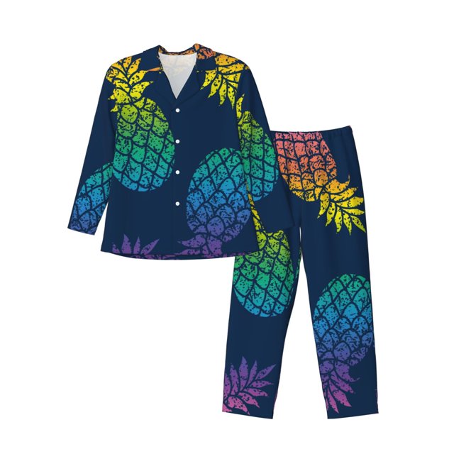 Balery Abstract Bright Pineapple Fruit Retro Pijama para Hombre de Dos Piezas con Manga Larga, Conjunto de Dormir y Descanso Suave con Bolsillos-Medium