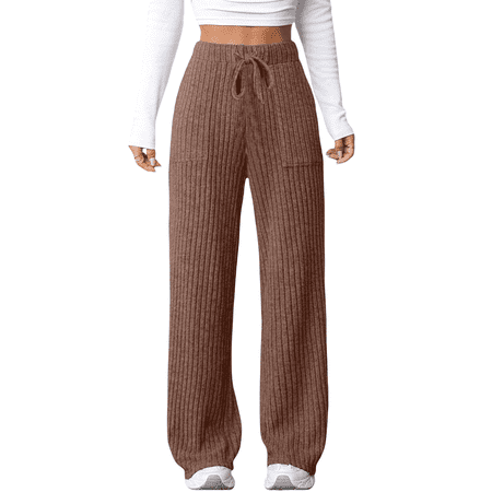 BODOAO Womens Ribbed Knit Lounge Pajama Pants Soft Fuzzy Comfy Straight Leg Drawstring Fall Loose Pj Bottoms with Pockets Ladies Autumn/Winter New Solid Color Strip Pocket Elastic Pants Brown M