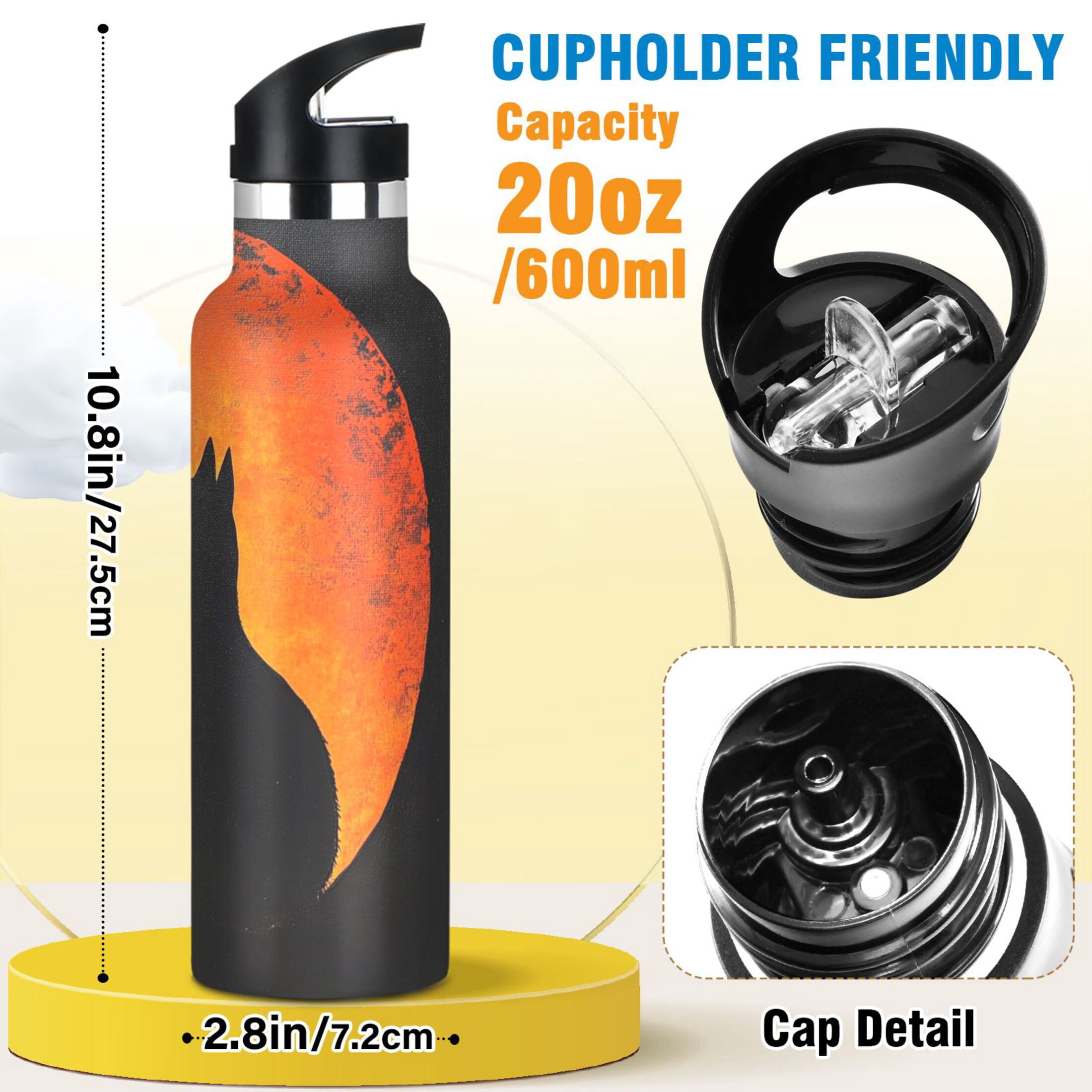 600ML Stainless Steel Insulated Cup Sports Water Bottle Portable Thermos Cup Water Glasses Insulated Tumblers Convenient and Durable Moonlit Cat