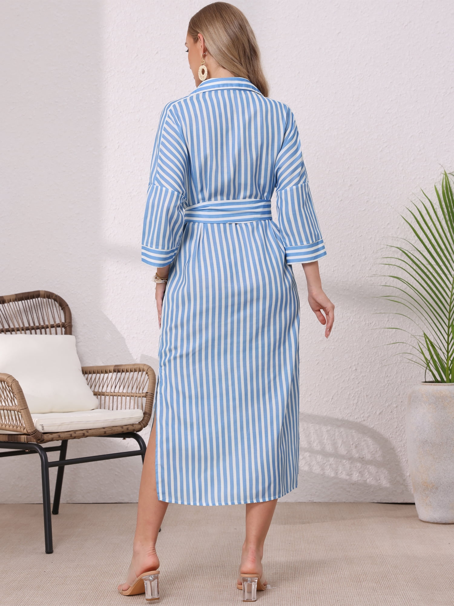 DARING DIVA Women's Stripe 3/4 Sleeve Button Down Split Belted Midi Shirtdress L Blue