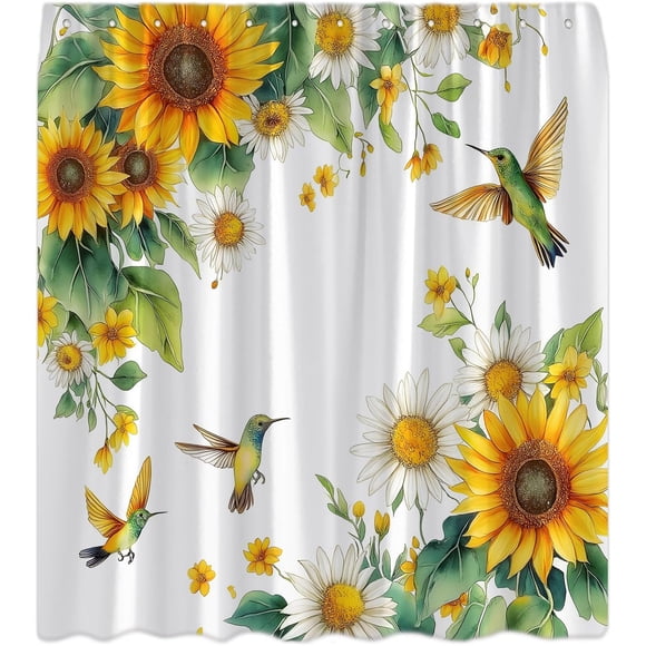 ABDFHE-Rustic Hummingbird Sunflower Shower Curtain Yellow Watercolor Floral Plant Green Leaves Bird Wildflower Butterfly Spring Nature Scenery Country Fabric Bathroom Curtain with Hook