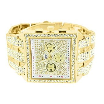 Bug Watch - Big Square Face Watch Mens Iced Out Lab Created Cubic Zirconias Geneva Gold Steel Back Jojo