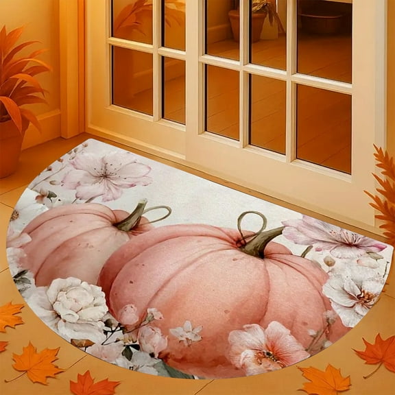 HomeKingdee Fall Thanksgiving Pumpkin Half Round Door Mat, Non-Slip Welcome Indoor Entrance Way Rug Semi Circle Front Doormats Washable Floor Mat, Outdoor Rugs