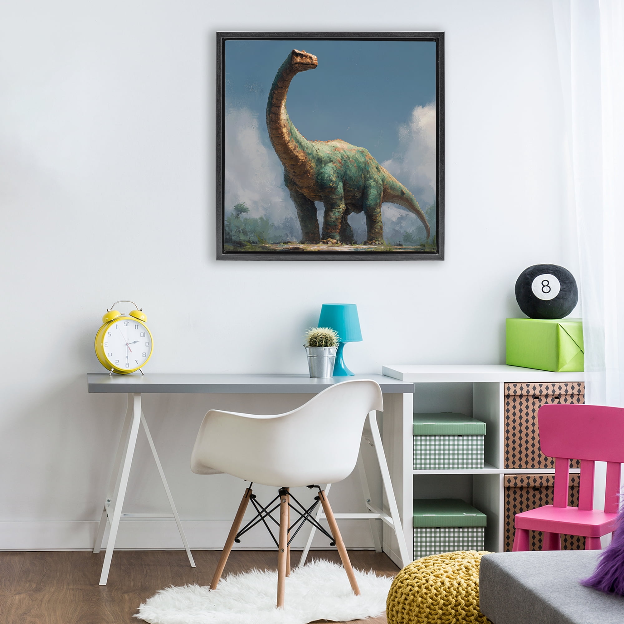 Stupell Industries Colossal Brontosaurus in Meadow Black Framed Floater Canvas Wall Art, design by Wumples