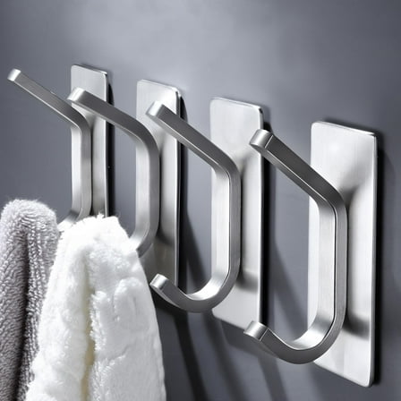 MUNDIDO Adhesive Towel Hooks for Bathroom - 4 Pack Heavy Duty Stick on Wall Hooks, Waterproof Robe/Coat Hangers for Kitchen, Shower (Silver, Stainless Steel)