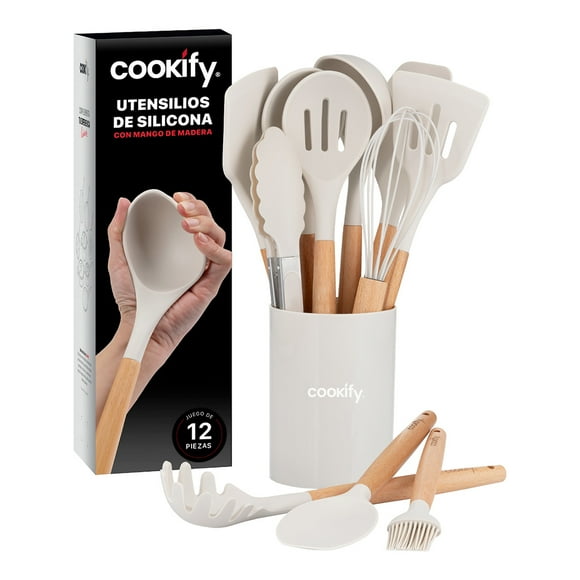 Juego de Utensilios de Cocina Silicona y Madera Accesorios para Cocinar, 12 pzas (Marfil)