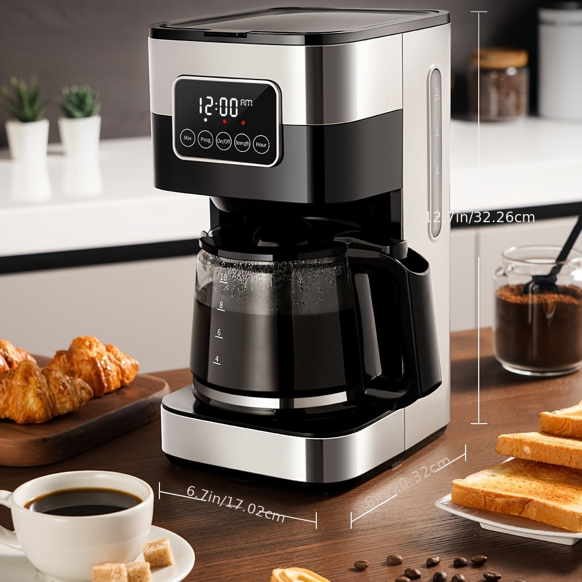 10-Cup Programmable Drip Coffee Maker with Touch-Screen, Pause & Serve, Stainless Steel, Black.