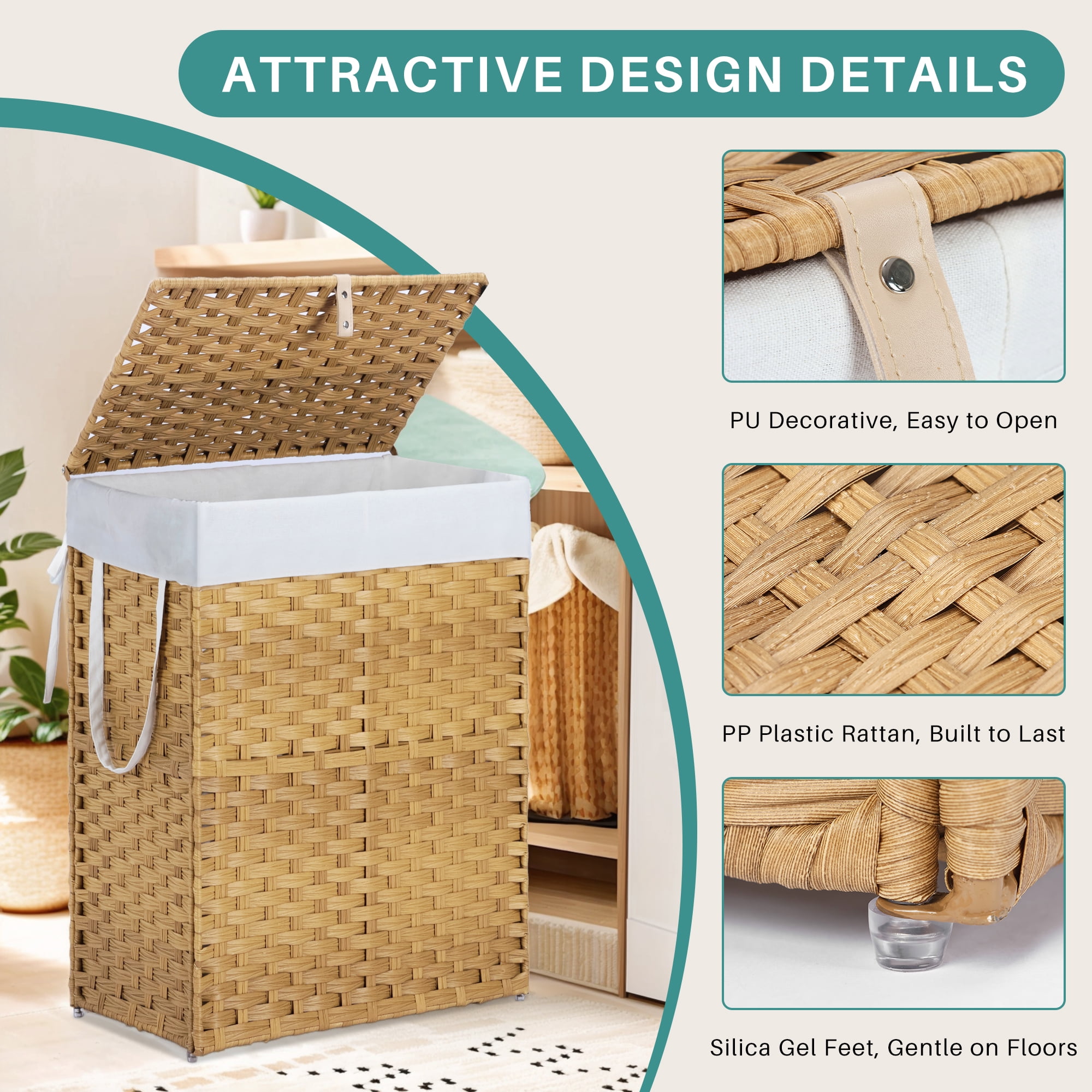 90L Foldable Laundry Hamper with Lid and Removable Liner, Wicker Basket for Bedroom & Bathroom, Yellow
