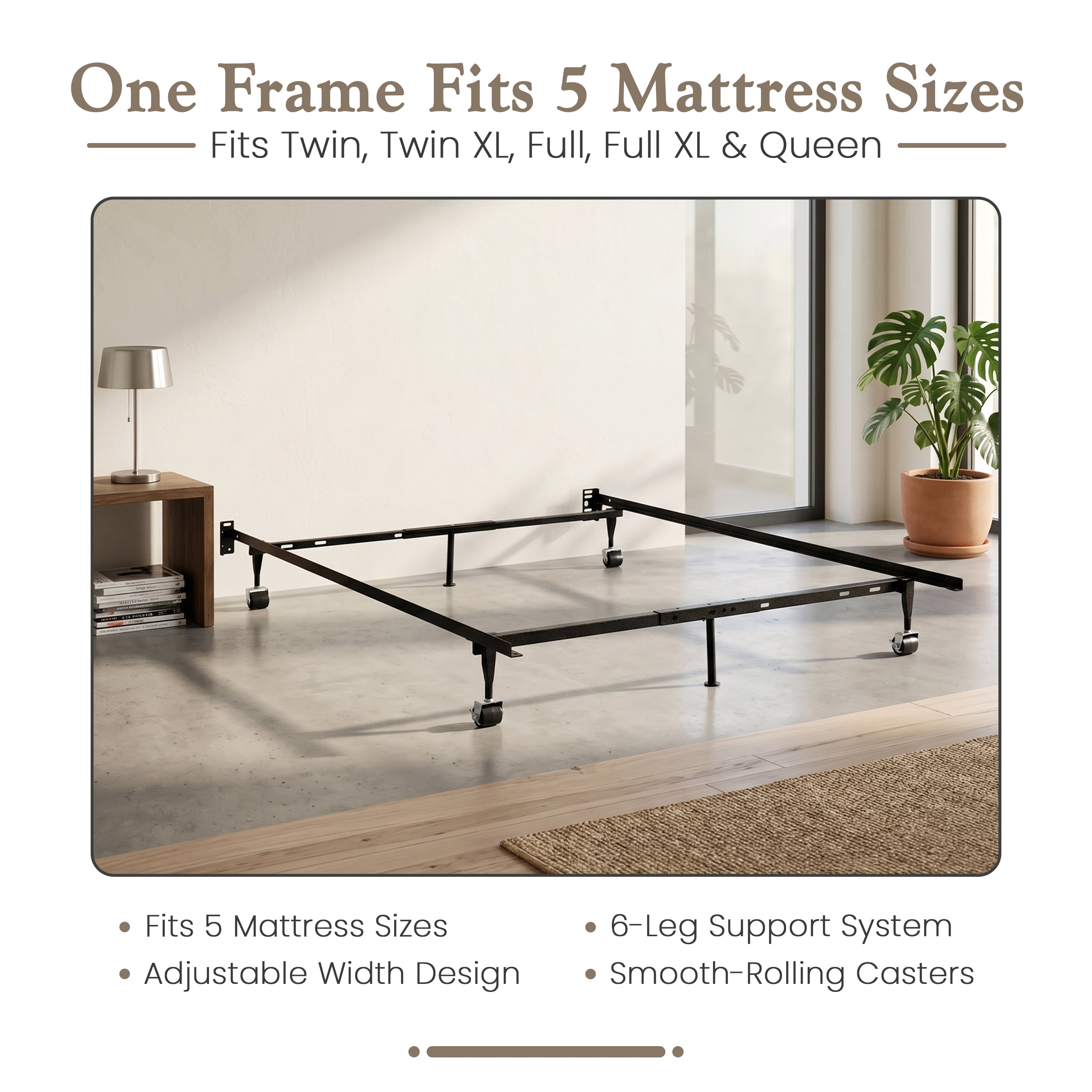 Kings Brand Furniture Metal Adjustable Bed Frame for Twin/Full/Queen Sizes with Rug Rollers & Locking Wheels
