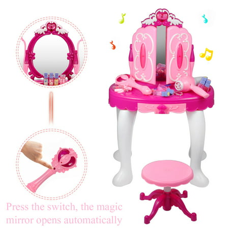 EECOO Girls Make Up Dressing Table, Kids Pretend Play Toy Beauty Mirror Vanity Playset with Stool, Mirror, Hair Dryer Makeup Accessories Girls Gift