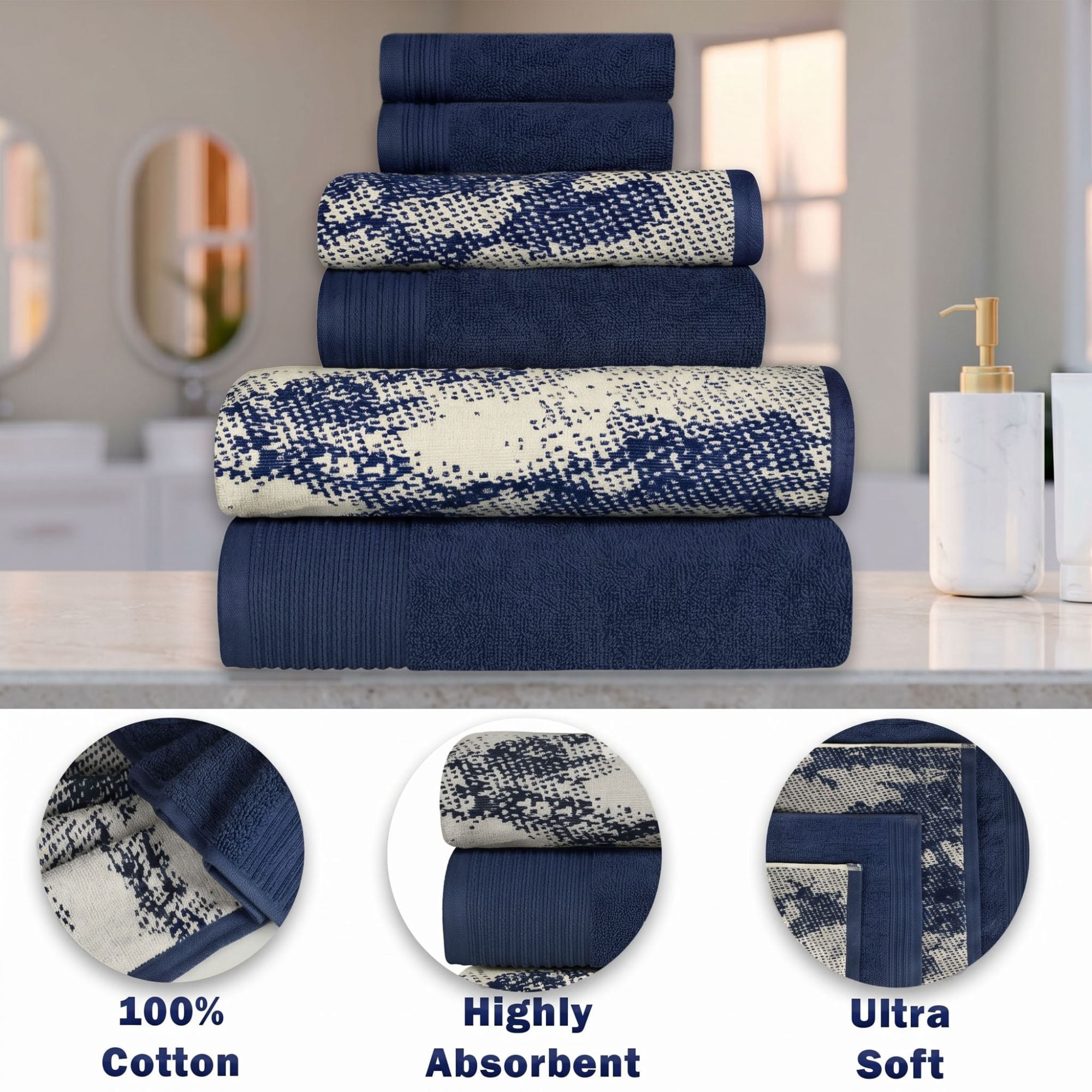 Superior Marble and Solid Jacquard Assorted Cotton 10 Piece Towel Set, Navy Blue - Ivory
