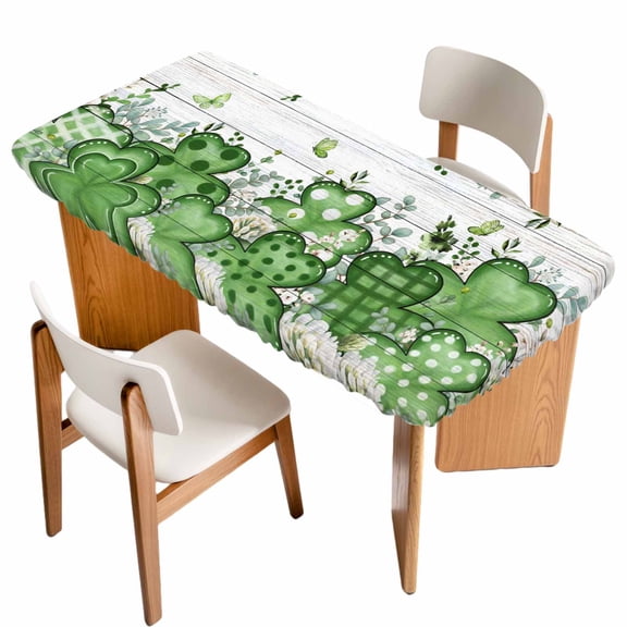St. Patrick's Table Cloths for 3 Foot Rectangle Tables, Luck Shamrock Eucalyptus Leaves Flowers Grey Wooden Patio Waterproof Elastic Fitted Tablecloths, Washable Rectangular Table Cover for Camping