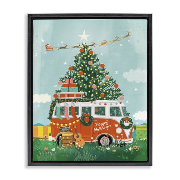 Stupell Industries Mid-Century Christmas Van Hangout Black Floating Frame Canvas Art, 17 x 21, by Irene Chan