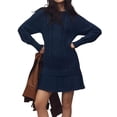thumbnail image 2 of Robe Chandail en Tricot Torsadé pour Femmes, Col Ras du Cou, Manches Longues, Mini-Robe Plissée, Style Deux-en-un, Robe Patchwork, Bleu Marine, P, 2 of 8