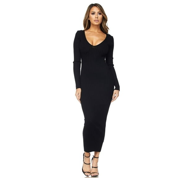 Black Ribbed Bodycon Midi Dress