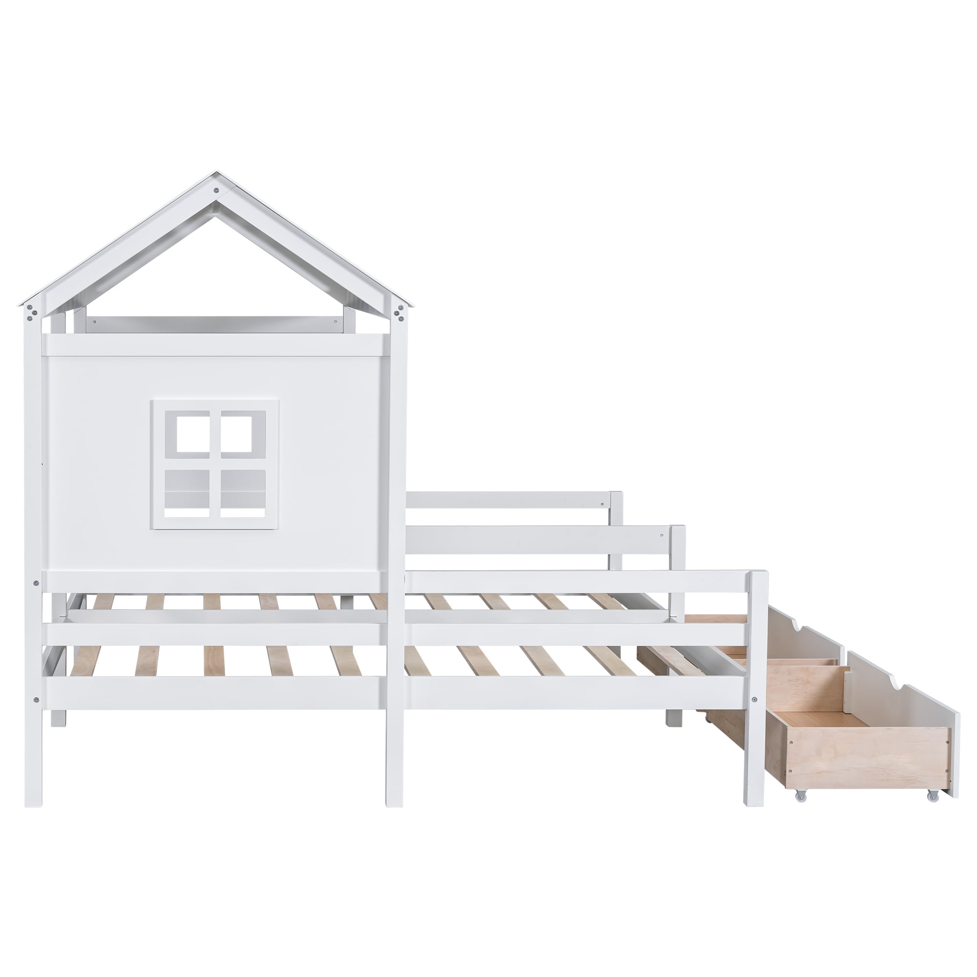 Euroco Twin Size Wood House Double Platform Beds, House Shaped Roof and Windows, 2 Drawers for Kids