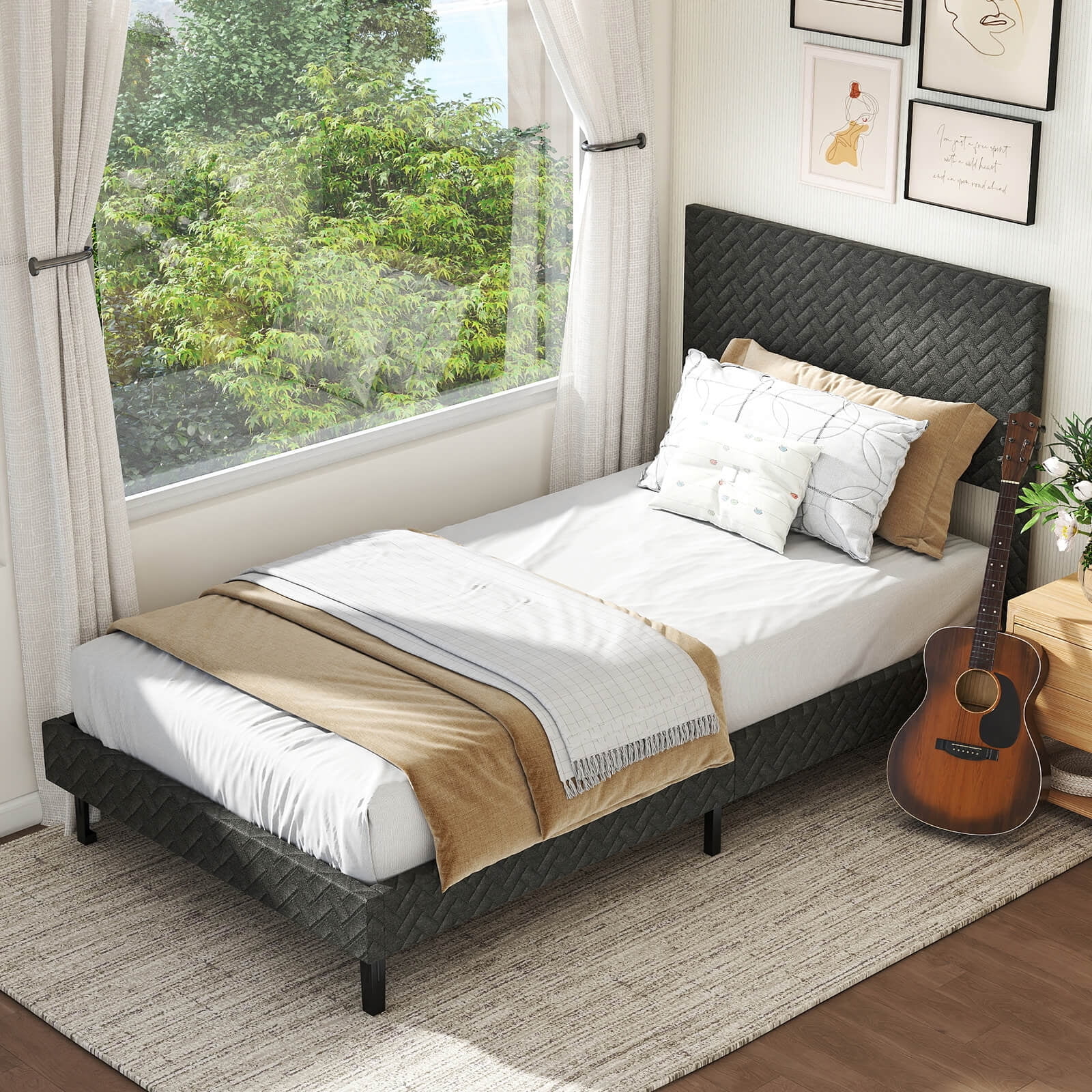 Costway Twin Size Bed Frame with Height Adjustable Chevron Headboard, No Box Spring Needed Gray
