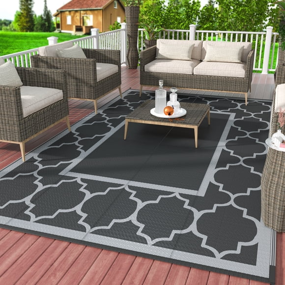 DEORAB Outdoor Rug Reversible 9x12' Patio Rug,Clearance Outside Plastic Waterproof Mat,Fordable Floor Rug for Patio, Camping, RV, Deck, Porch, Balcony, Backyard, black&grey