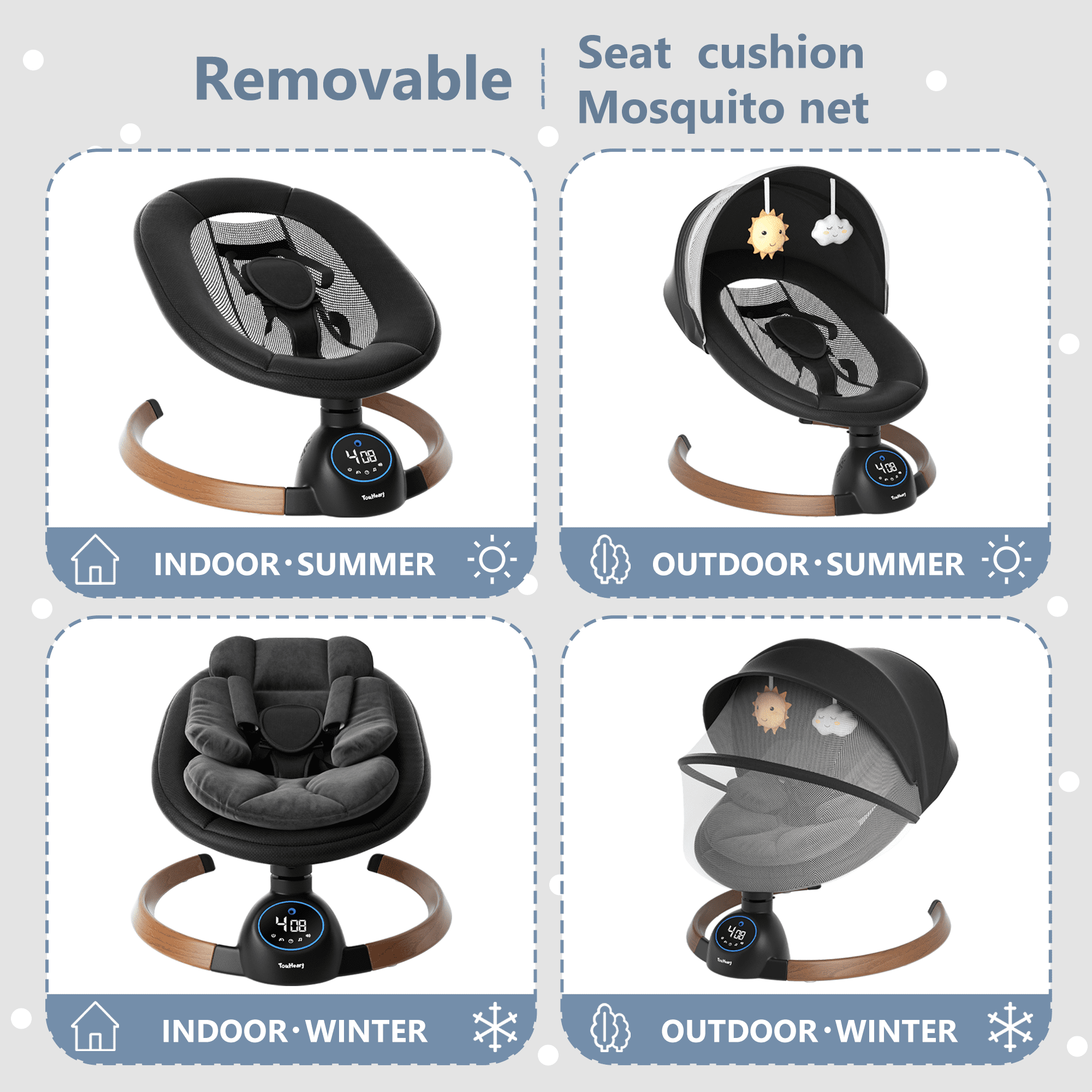 TouHeart Electric Baby Swing, Infant Rocker with Bluetooth & Remote,5 Speeds,10 Lullabies,3 Timing, Black