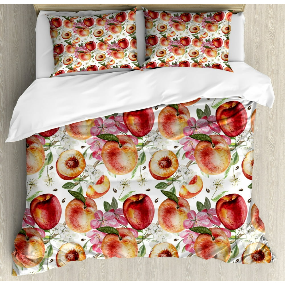 Peach Duvet Cover Set, Exotic Lively Summer Yard Theme with Ripe Juicy
