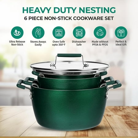 Emerald Green Nonstick Pots and Pans Set, 6-Piece Stackable Cookware with Glass Lids, Toxin- Reinforced for Healthy Cooking