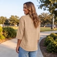 thumbnail image 3 of longantii Women's Linen Shirts Boho 3/4 Sleeve Scalloped V Neck Tops Breathable Solid Color Pullover Button Up Outdoor Daily Wear for Spring Fall Brown M, 3 of 6