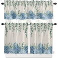 thumbnail image 2 of Kitchen Curtains and Valances Set, Blue Hydrangea Eucalyptus Leaf Retro Summer Farmhouse Decoration Short Rod Pocket 3 Pieces Window Curtain Set for Bedroom, Bathroom, 24 Inch Long, 2 of 5