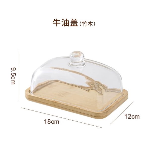 Butter Dish with Lid, Glass Butter Keeper Container with Wood Base, Wide and Deep Butter Holder with Transparent Cover for Countertop, Cheese/Dessert Serving Plate, 7.1x4.7x3.7 in