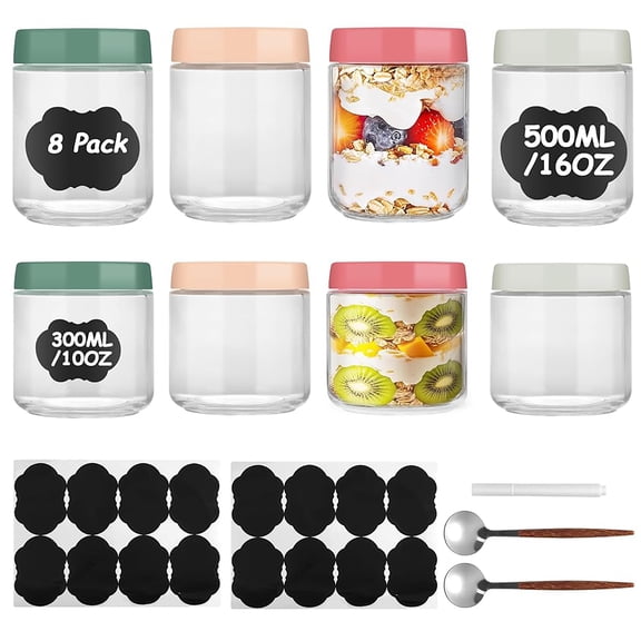 MerryNine 8 Pack Thick Glass Mason Jars with Lids, 4pcs 16oz 4pcs 10oz Airtight Condiment Containers, Salad Dressing Cups & Sauce Bottles for Lunch Box, Pantry Storage 