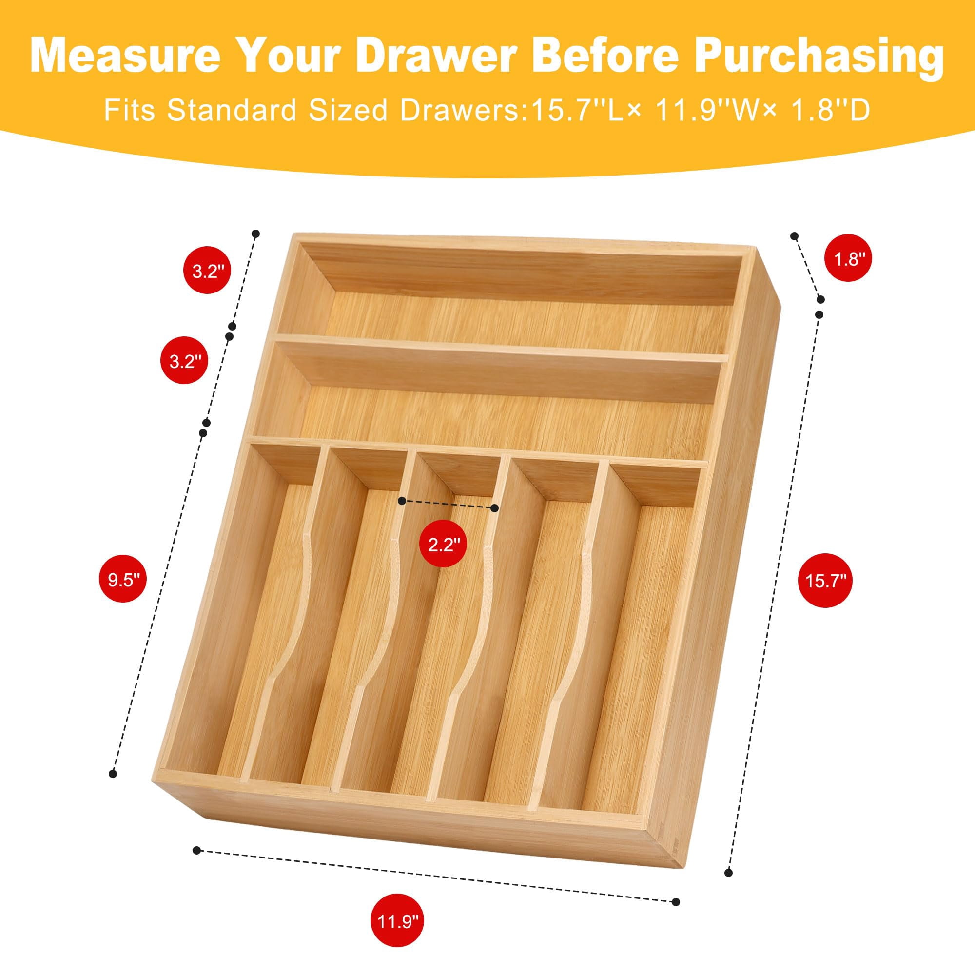 Kitchen Silverware Organizer  Drawer - Utensil Holder And Cutlery Tray With Grooved Dividers For Flatware 7 Slot