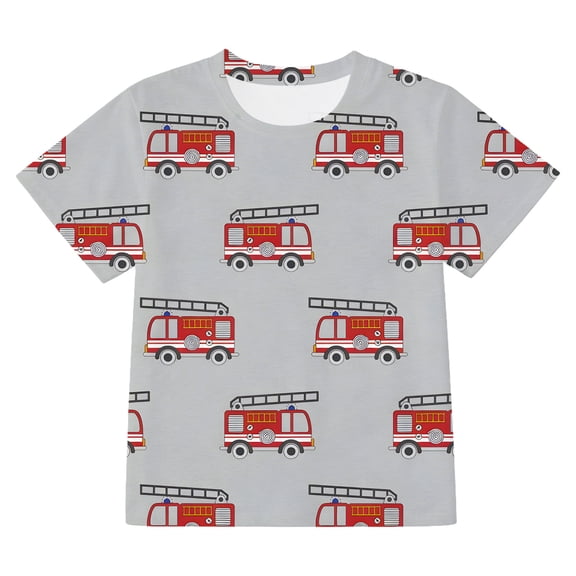 Byoo Toddler Boys Summer Cute T Shirt Fire Truck All Over Print Cartoon Casual Short Sleeve Tops Tshirt
