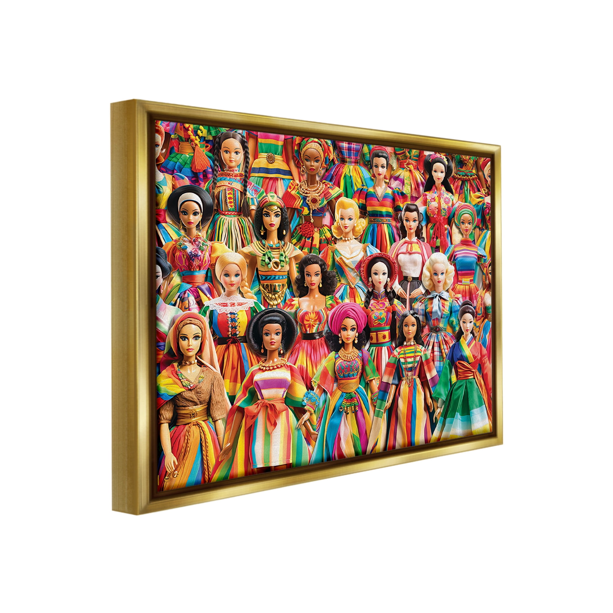 Stupell Industries Various Cultural Dolls Novelty Painting Gold Floater Framed Canvas Art Print Wall Art, 31 x 25