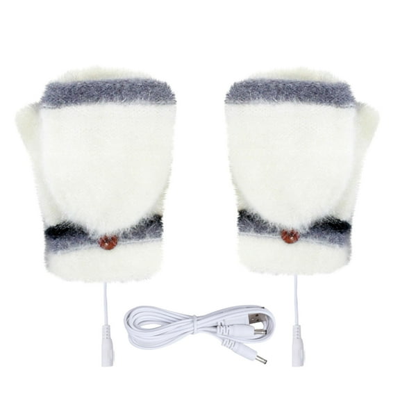 Xfvqtps Mens and Womens USB Heated Fingerless Gloves Constant Temperature Thumb Hole with Flip Cover Plush Knitting Stripe Color Blocking Fashion Thermal Warm Winter Mittens White