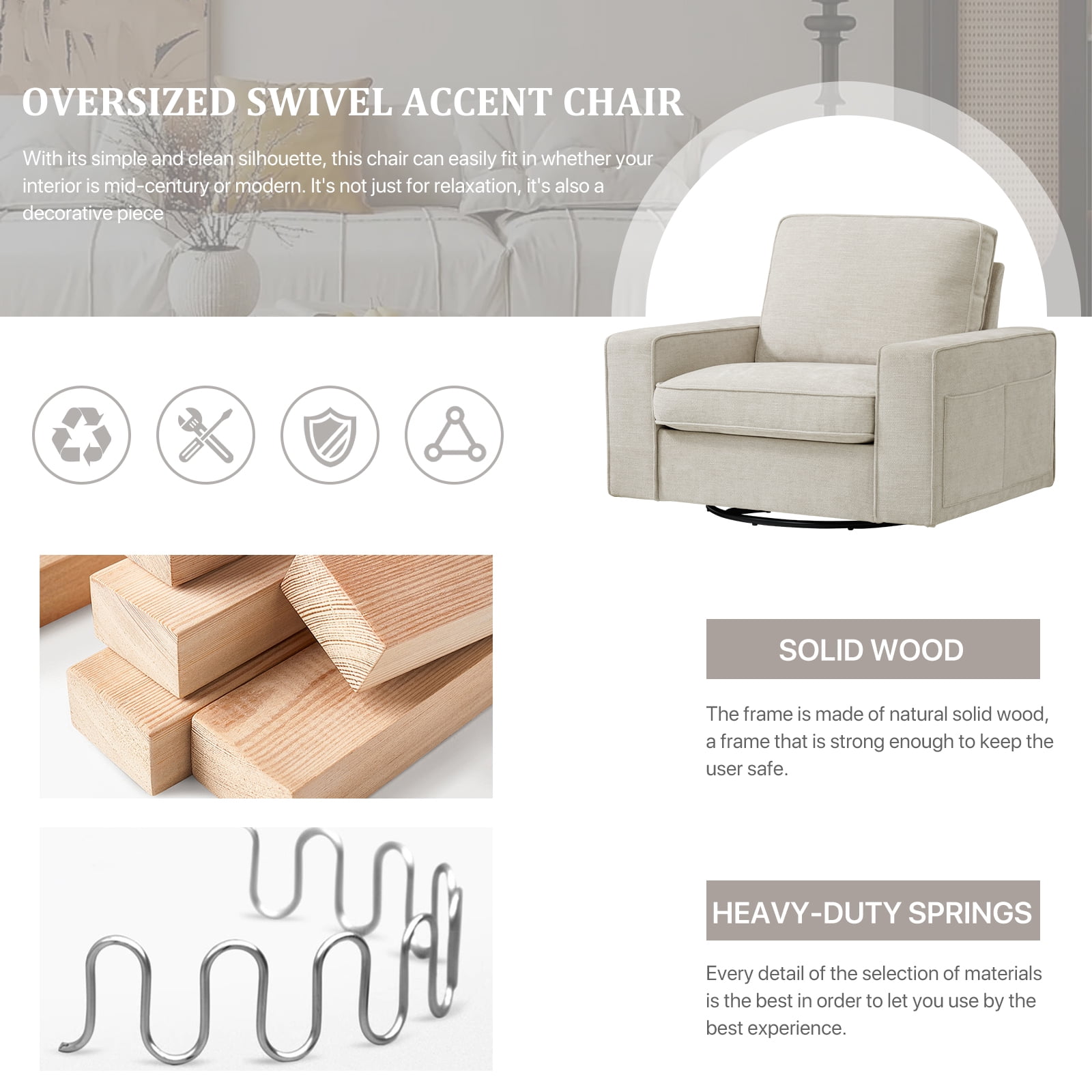 INGALIK Swivel Accent Chair, 40.2"W Oversize Chenille Accent Armchair with Storage Bag, Modern Comfortable Chair for Living Room, Bedroom, Beige