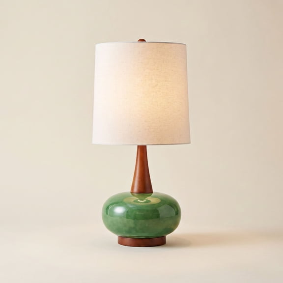 Possini Euro Design Andi 25" High Mid Century Modern 3-Way Table Lamp Green Ceramic Wood Single White Shade Living Room Bedroom Colors May Vary