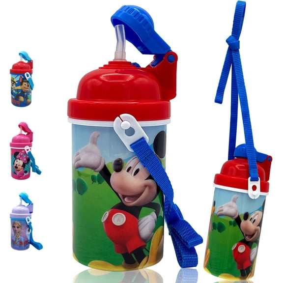 Disney Mickey Mouse Carrying Strap One Touch Water Bottle with Reusable Built in Straw, Safe Approved BPA Free