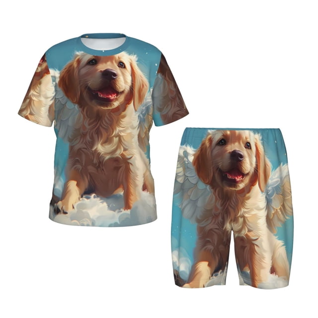 Fotbe Cute Angel Winged Dog Pijama Estampada de 2 Piezas para Niños – Ropa de Dormir de Manga Corta Cómoda para Niños y Niñas, Camiseta y Shorts de Algodón-Small