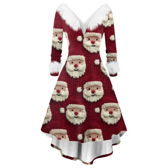 Women's Christmas Print Furry Party Dress - V-neck Casual Slim Long Sleeve, Dark Red, L