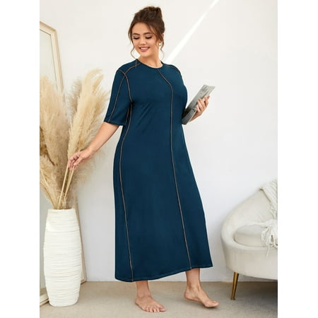 

Navy Blue Casual Women s Plus Top stitching Night Dress 4XL(20) Y22001D