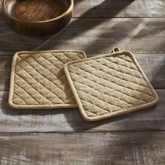 VHC Brands Cotton Pot Holder Set of 2, Heat Resistant, Kitchen Potholders, Burlap Natural Collection, Square 8x8, Natural