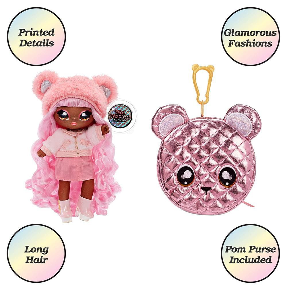Na Na Na Surprise 2-in-1 Fashion Doll and Metallic Purse Glam Series - Cali Grizzly, Pink Hair Doll with Pink Bear Purse