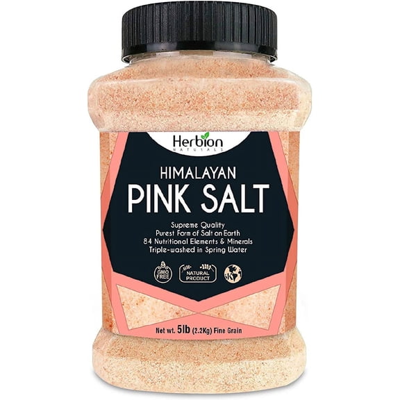 Herbion Himalayan Pink Salt, Fine Grain, 5 lb (2.2 Kg) Jar, All-Natural, Vegan, Kosher Certified, Triple-Washed