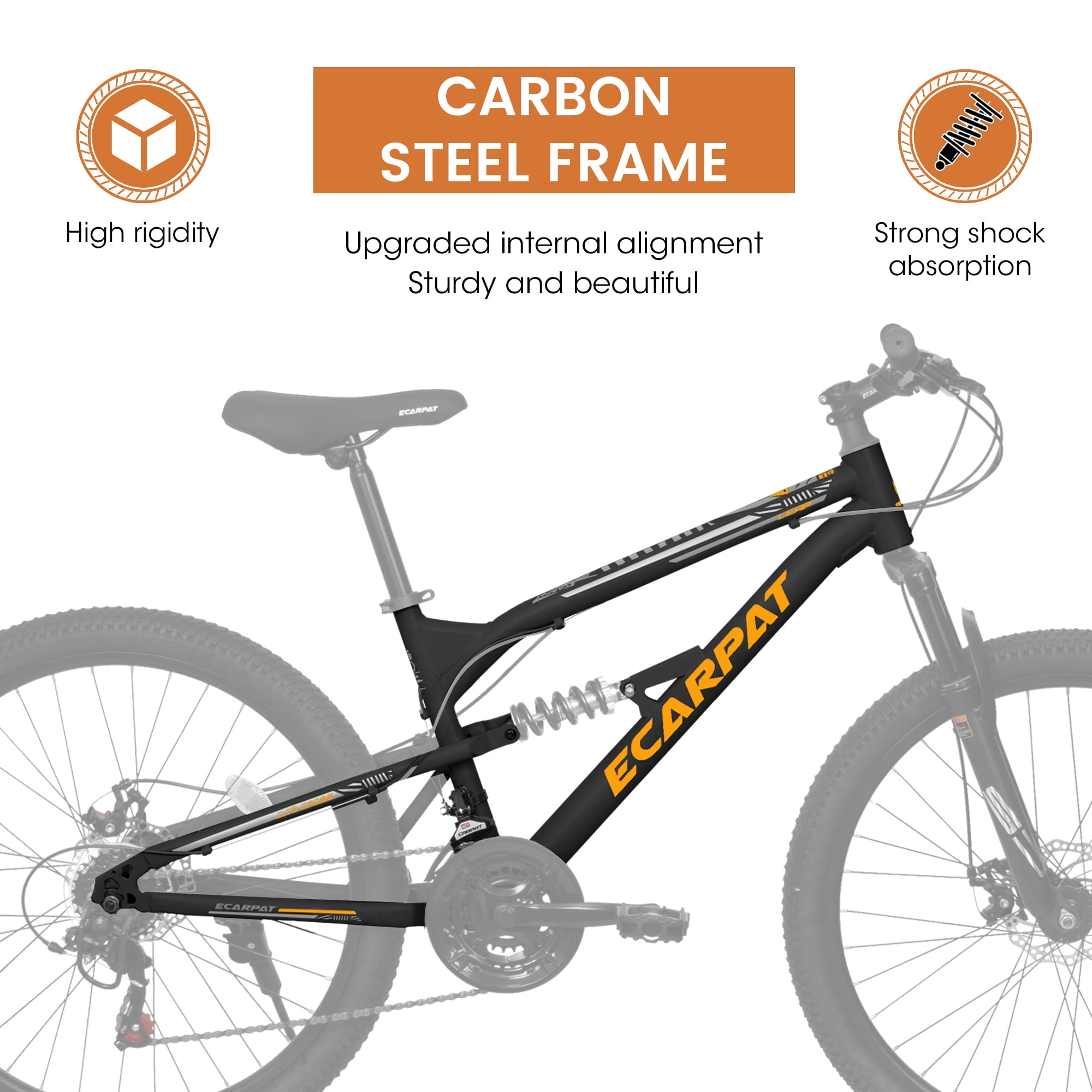 24 Inch Mountain Bike Full Suspension, 21 Speed Mountain Bicycle with Double Disc Brakes, Carbon Steel Frame Commuter City Bike for Adult Men Women, Black-Orange