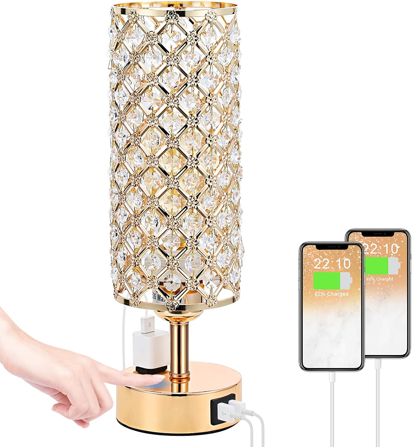 Crystal Table Lamp, Gold Bedroom Lamp with USB Ports & Outlet, 3 Way