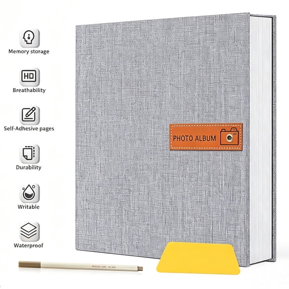 QIYFDDF 40 Pages Large Photo Album Self Adhesive 4x6 5x7 8x10 Scrapbook DIY Picture, with Pen and Plastic Board,Gifts for Mom,Family Baby and Wedding, Grey