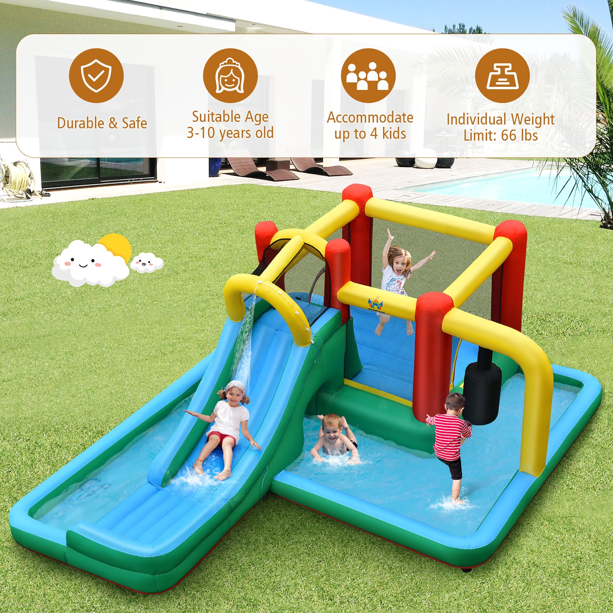 Costway Inflatable Slide Water Park Climbing Bouncer Bounce House with Tunnel & 735W Blower