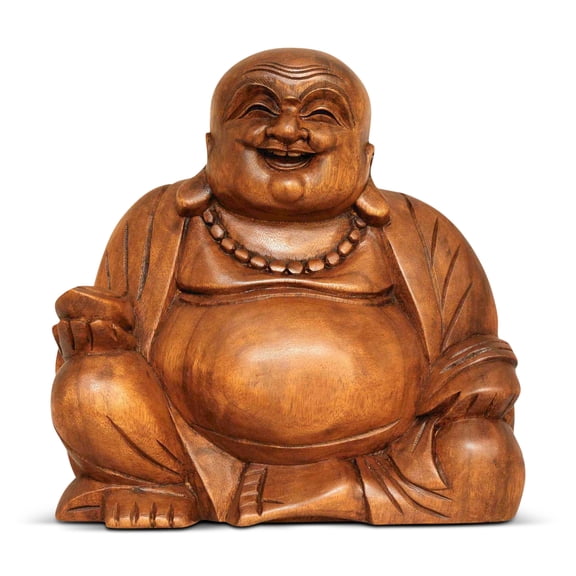 Wooden Laughing Happy Buddha Statue Hand Carved Smiling Sitting Sculpture Handmade Figurine Decorative Home Decor Handcrafted Art Decoration Size: 8" tall x 8" wide x 5" deep
