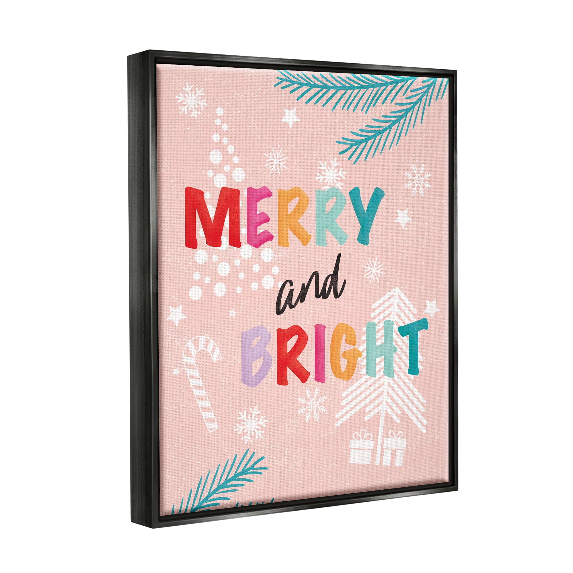Stupell Industries Merry & Bright Pastel Phrase Holiday Painting Black Floater Framed Art Print Wall Art