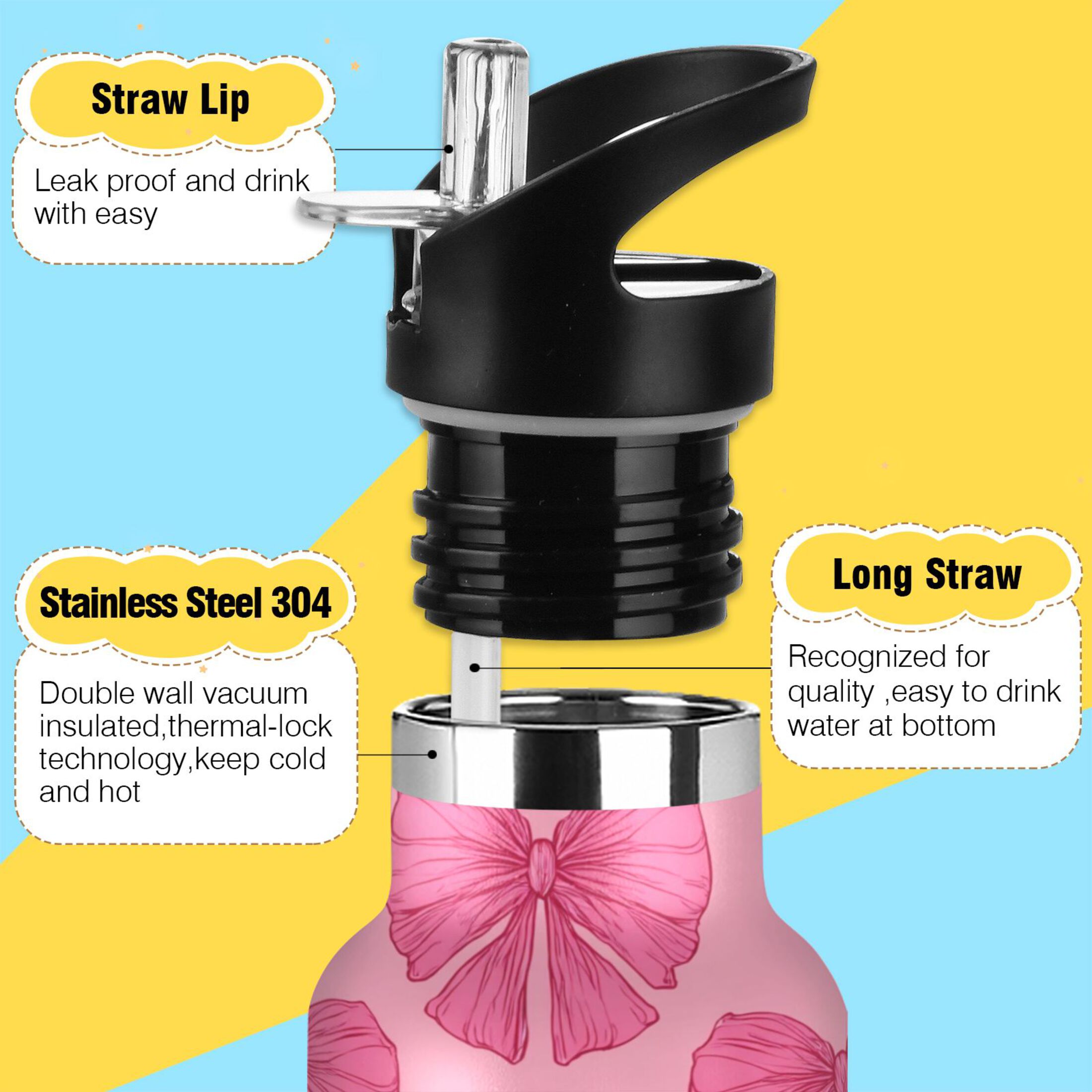 600ML Stainless Steel Insulated Cup Sports Water Bottle Portable Thermos Cup Water Glasses Insulated Tumblers Convenient and Durable Pink Bow Cute