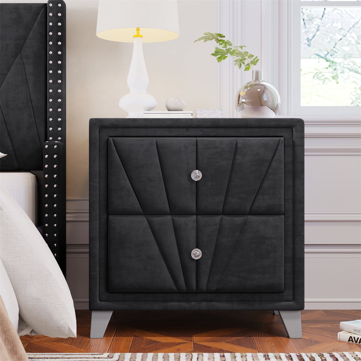 Velvet Nightstand with 2 Drawers Contemporary Upholstered Velvet Nightstand End Table with Diamond Handles and Tapered Wood Legs Bedsid Storage